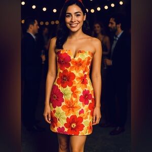 David Meister Floral Strapless Embellished 100% Silk Cocktail Dress Sz 4